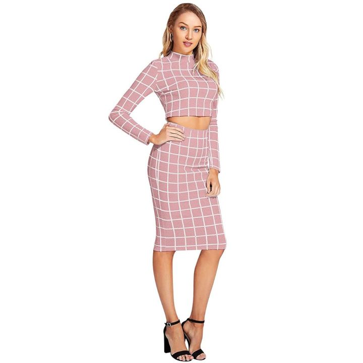 Women Polyester Blend Crop Top and Elasticated Waist Bodycon Skirt Set