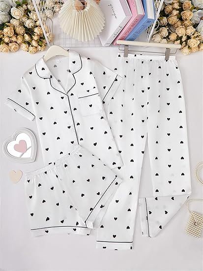 Love%20Printing%20Women's%203-Piece%20Pajama%20Set,%20Short%20Sleeve%20Button%20Down%20Shirt,%20Shorts,%20Pants,%20Casual%20Homewear%20-%20Image%202