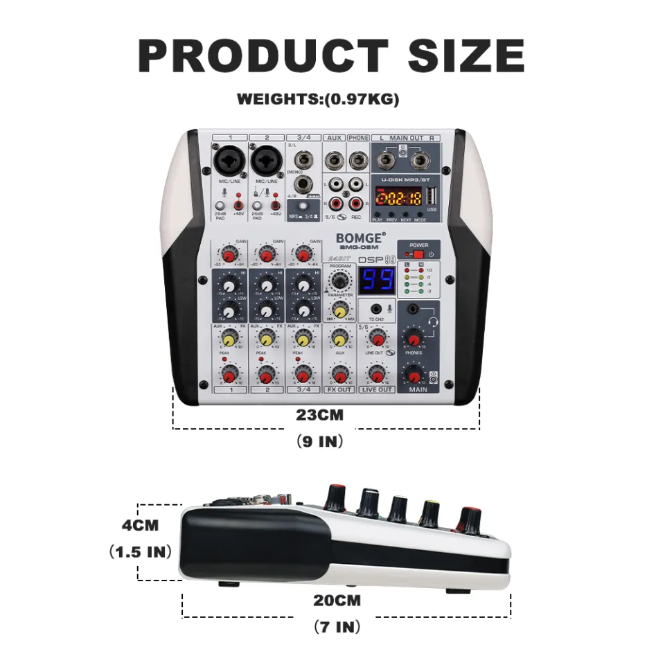 BOMGE 06A Professioneller 6 K DJ Audio Mixer, DJ Controller Sound Mixer mit 99 DSP Effekten, 7 Band EQ unabhängige 48 V Bluetooth USB Schnittstelle, Aufnahme für Studio, Bühne, Party, Heimaufnahme