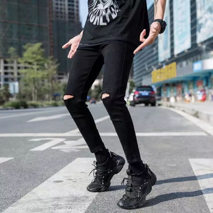 Black Skinny Knee Cut Jeans For Men Black Multisize Fashion