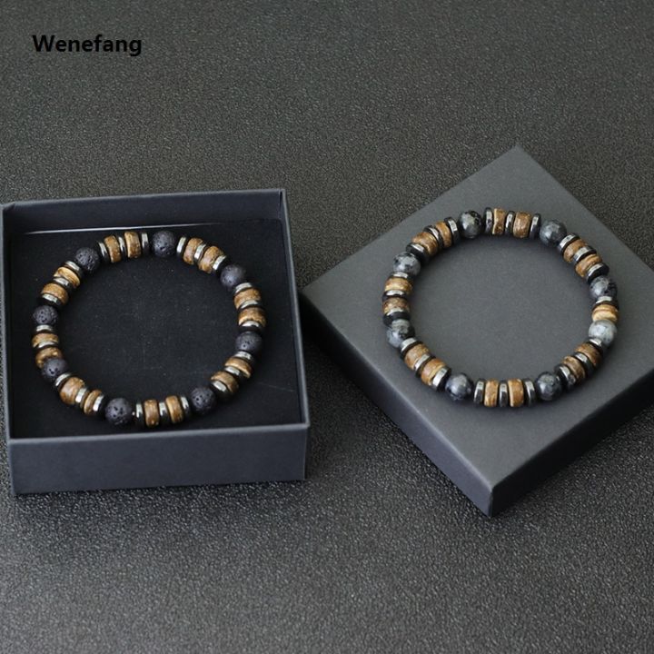 Wenefang New Vintage Men Bracelet Stone Natural Wooden Braclet Homme Hematite Tiger Eyes Braslet Coconut Bead Brazalete Pulsera Hombre