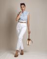Kibu Clothing Ellie Ruffle Shirt in Blue Stripe for Women. 