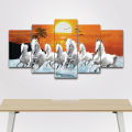 Five Panel Seven White Horse Force running in tropical beach matte canvas cotton print tightly wrapped in wooden frame. 