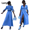 Lanyun Spring Summer New Women's Clothing Solid Color Fashion Bargain price V-neck Long Single-Breasted Denim Dress. 