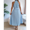 Women'S 2025 Summer Sleeveless Halter Neck Pleated Midi Cocktail Dresses A Line Flowy Beach Sun Dress. 