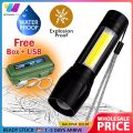 USB Charging Portable XPE + COB LED Flashlight Lamp Strong Torch Light with Built-in Battery Outdoor. 