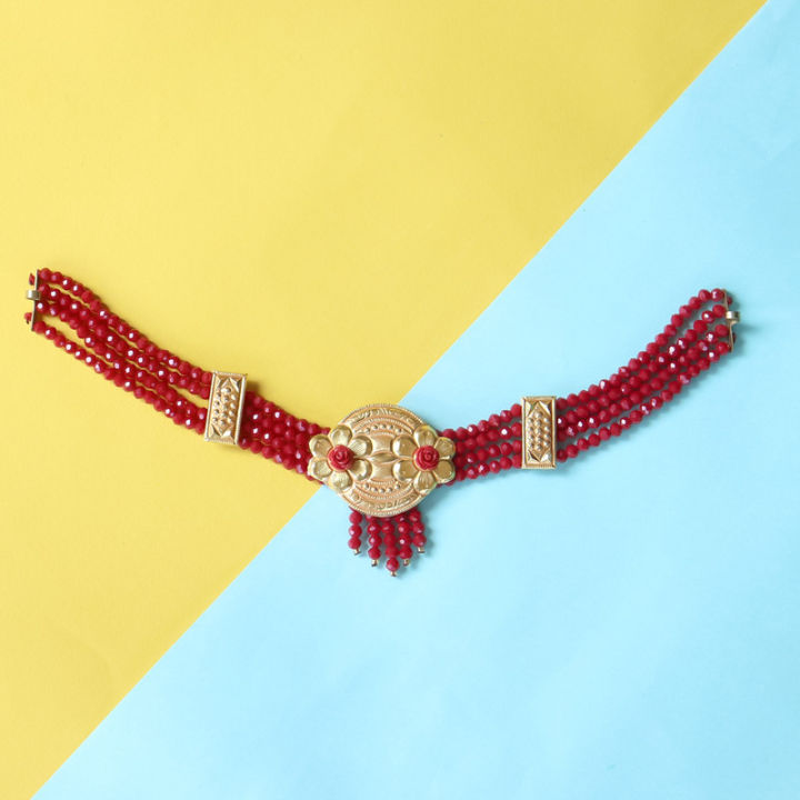 Pure Gold Red Beads Flower Design Choker For Women, 0.88g For Women