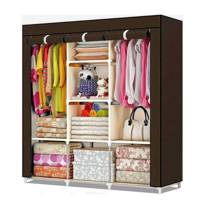 3 Layer Folding- Storage Wardrobe Model-88130 Portable Foldable Fabric Wardrobe Closet Storage Organizer For Clothes Rack Colour- Brown