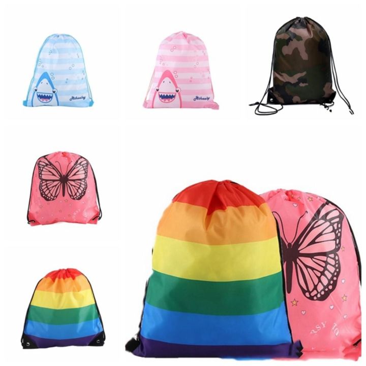 Reflective Stripe Drawstring Gym Backpack Cartoon 210D Polyester Waterproof Drawstring Bag Rainbow Portable Nylon Sports Shoulder Bag Camping Hiking