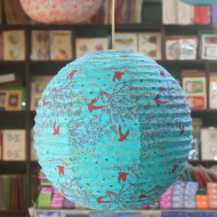 Blue Abstarct Design Round Lokta Paper Hanging Ball Lamp Shade - 11*11"