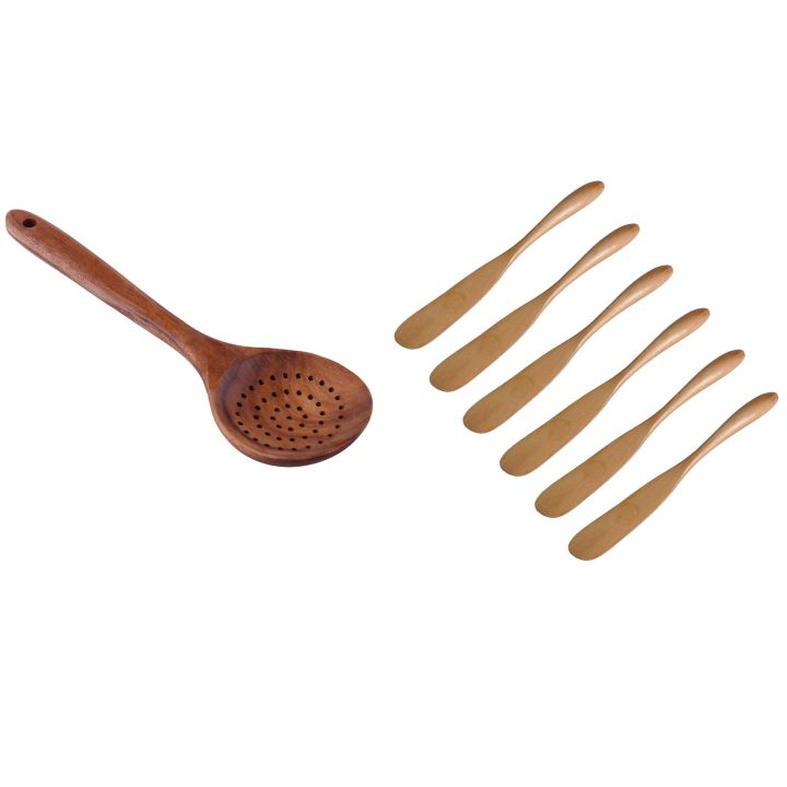 NAMUNY 1x Teak Wood Spoon Long Handle Spoon Ladle Big Rice Paddle Wooden Spoon & 6x Wooden Butter Knife Cheese Spreader