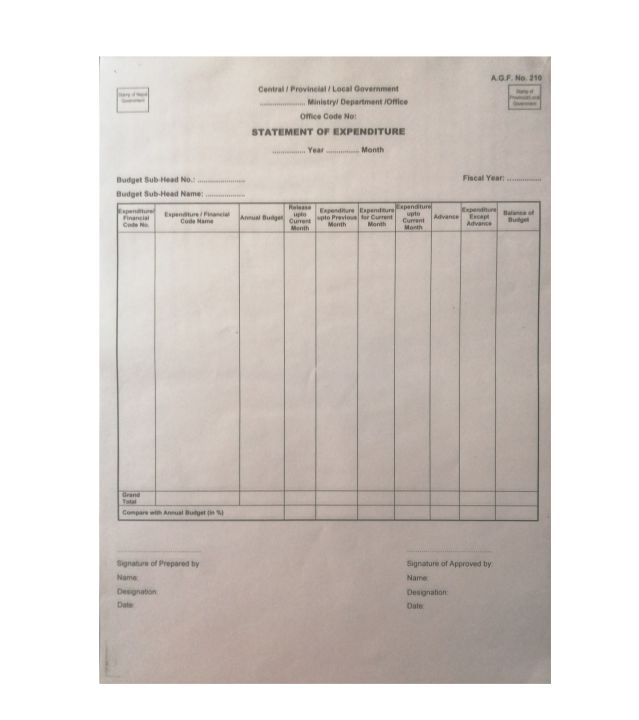 Statement Of Expenditure A.G.F No. 210