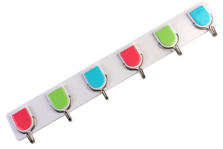Self-Adhesive Plastic Hook Rail Bar, Wall Hanging Hooks Without