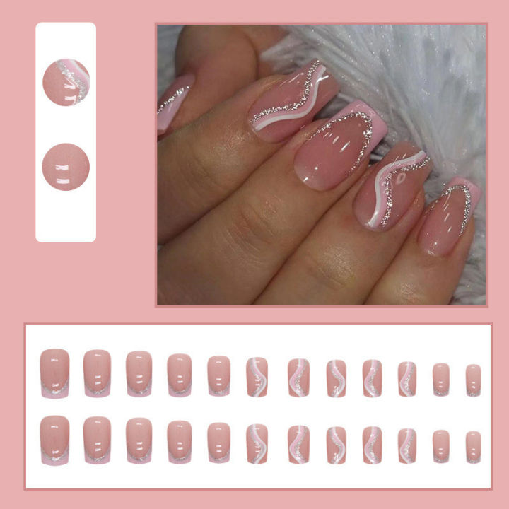 24Pcs%20Pink%20%20White%20Stripes%20Beautiful%20New%20Fake%20Nails%20with%20Glue%20DIY%20Art%20Design%20False%20Nails%20Wearable%20Nails%20Stylish%20Pattern%20Artificial%20Nails%20-%20Image%202