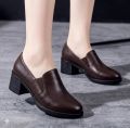 Fashion Elegant Deep Mouth Soft Leather Shoes Women Fall Spring 2026 Black Block Med Heels Pumps For Ladies Office Casual Work. 