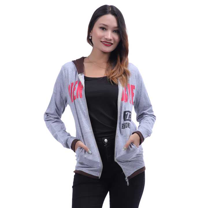 Grey Cotton Full Sleeve Printed Zippered Design Hoodie Jacket For Women