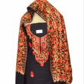 Black Embroidered Woolen Kashmiri Unstitched Kurta Shalwar & Shawl Set For Women. 