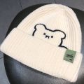 Fashion Winter Warm Knitted Cap Soft Thick Slouchy Bonnet Bear Embroidery Solid Color Leisure Cap for Men Women. 