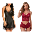 Fancyra Combo Set Of Stylish Babydoll Lingerie With G String Panty And Bra Panty Set Free Size Black And Maroon Color. 