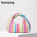 Sutuiying Vintage woven handbag, simple commuter bag, beach wind rainbow Bargain price bag, holiday casual straw purse (random pattern). 