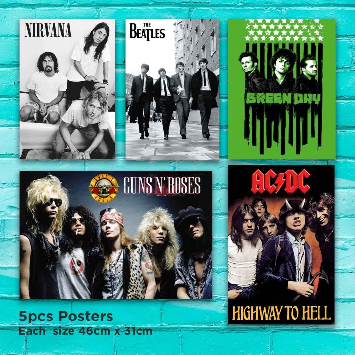 Beatles Guns and Roses Green Day Ac Dc Nirvana Big Posters 5pcs | Daraz ...