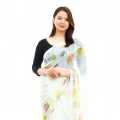 Yellow Chiffon Flower Printed Saree For Women. 