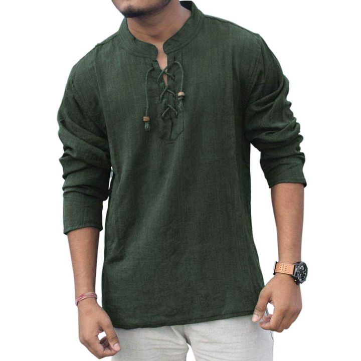 Men Cotton Laced Up Summer Kurta Shirts -Green - Fashion | Kurtha For Men | Men's Wear | Men's Cotton Kurtha |