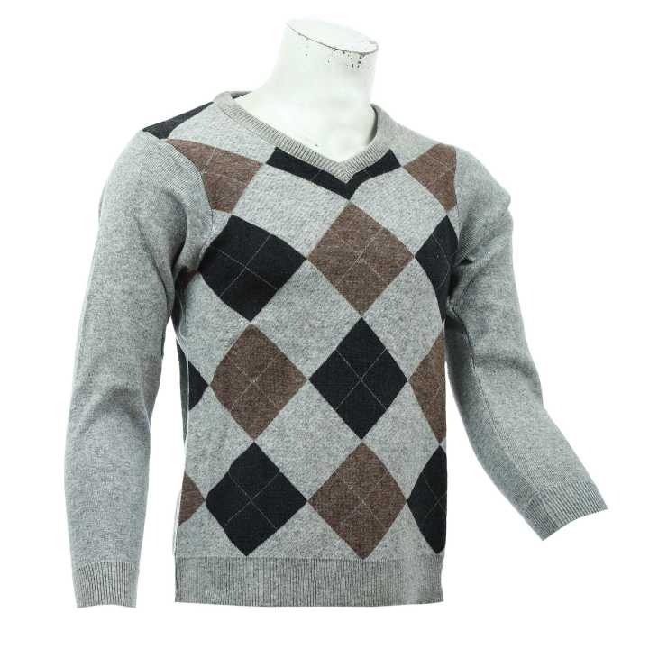 Sweater for Men – Grey Woolen Full Sleeve Argyle Pattern | Winter & Formal Wear Pullover