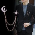 Korean Fashion Moon & Star Brooch Set for Couples – Elegant Rhinestone Starry Brooch with Chain Tassels, Celestial Pin Jewelry Accessories for Women & Men, Stylish Matching Lapel & Outfit Brooch. 