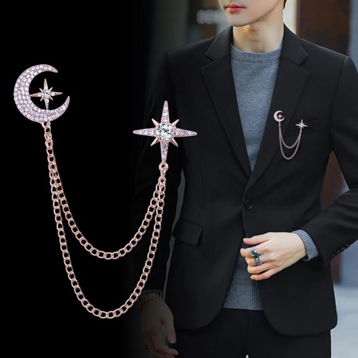Korean Fashion Moon & Star Brooch Set for Couples – Elegant Rhinestone Starry Brooch with Chain Tassels, Celestial Pin Jewelry Accessories for Women & Men, Stylish Matching Lapel & Outfit Brooch