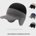 Fashion Ear Protection Men Knitted Cap Knit Wool Casual Beanies Hat Short Brim Keep Warm Ski Earflap Hat Cycling. 