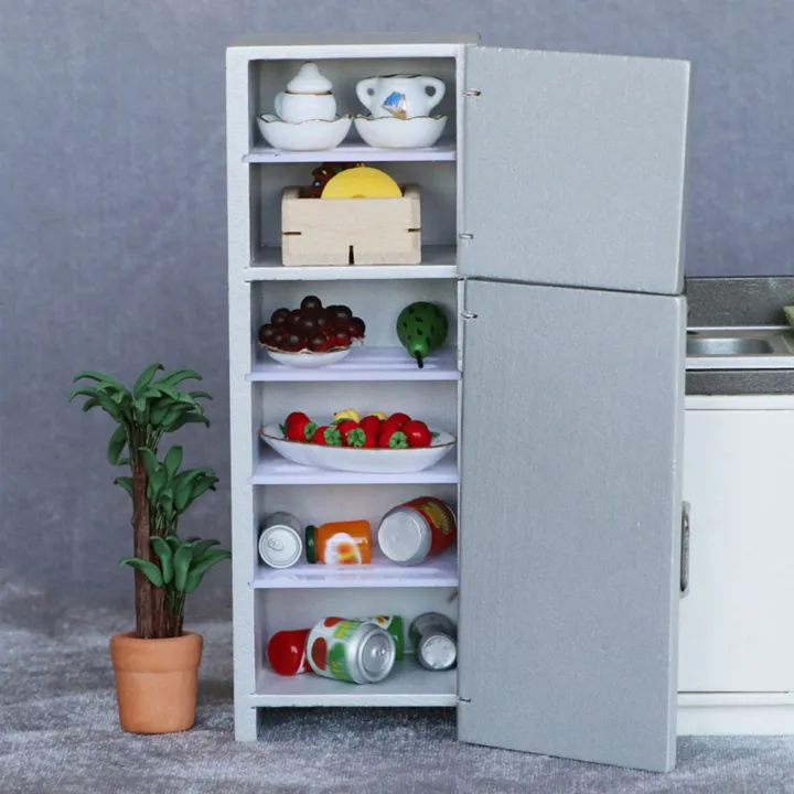 NAMUNY%201/12%20Miniature%20Wooden%20Double%20Door%20Refrigerator%20Simulation%20Fridge%20Model%20for%20Doll%20House%20Decoration%20Silver%20-%20Image%203