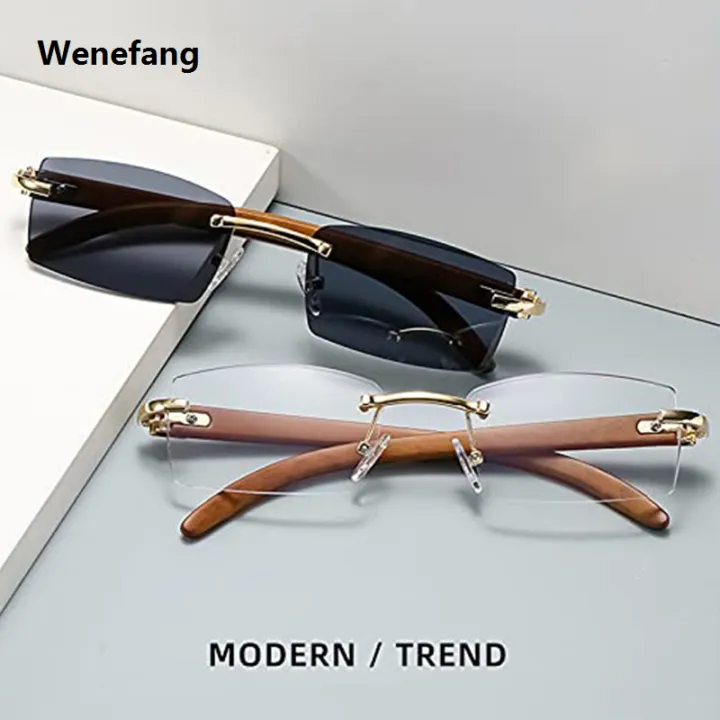 Wenefang%20Rectangle%20Fashion%20Rimless%20Sunglasses%20for%20Women%20Men%20Gangster%2090s%20Frameless%20Shades%20Retro%20Vintage%20Trendy%20Wooden%20Frame%20Eyewear%20-%20Image%204