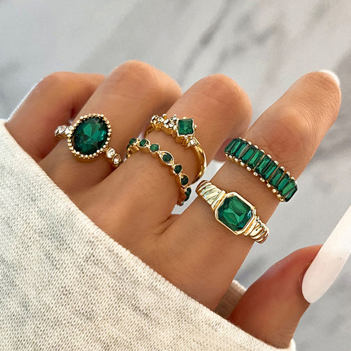 5Pcs Green Crystal Rings Set for Women Geometric Inlaid Diamond