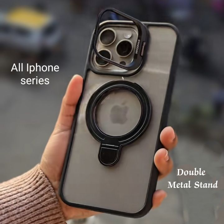 Double Metal Stand All iphone 11 12 13 14 15 16 17 Pro , Max & Plus Series Luxury Case With Camera Lens protector HD Clear Transparent Cover Case Non Yellowing - Double Stand Case