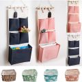 Canvas Printing Cotton Linen Hanging Storage Bag 5 Pockets Wall Mounted Wardrobe Hang Bag Wall Pouch Cosmetic Toys Organizer. 