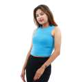 Sky Blue Cotton Round Neck Sleeveless Ribbed Crop Tank Top For Women. 