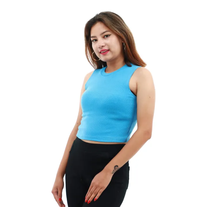 Sky%20Blue%20Cotton%20Round%20Neck%20Sleeveless%20Ribbed%20Crop%20Tank%20Top%20For%20Women%20-%20Image%203