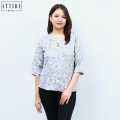 Attire Nepal Grey Cotton V-Neck Quarter Sleeve Flower Printed Front Button Design Tops For Women. 