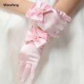 Wenefang 1Pair Girl Etiquette Performance Glove Satin Pearl Flower Lace Bow Short Children Princess Wedding Dress Dance Mitten. 