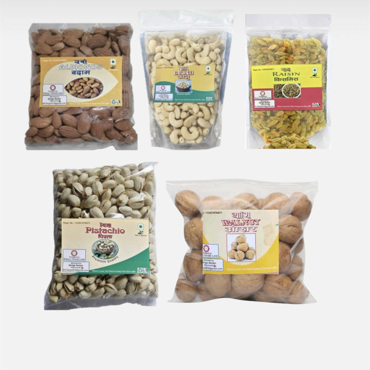 Mix Dry Fruits Combo Pack – 5 in 1 Nuts & Raisins – 1 Kg (Walnut, Cashew, Green Kismis, Pista, Almond – 200 gm Each)