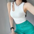 【2025 Version】 Crop top cut-out clothing street cut-out ladies tank top camisole neck irregular cut-out fashion hanging top versatile top ladies. 