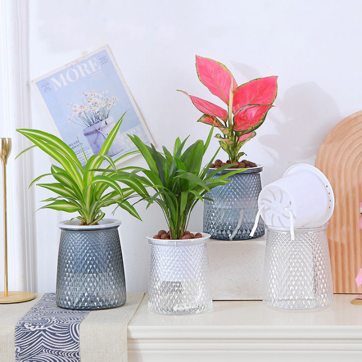 Self Watering Plant Pot Transparent Plastic Flower Vase Double-layer Automatic Lazy Potted Hydroponic Pot Garden Home Dector Demoo