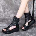 2025 New Bohemian Womens Leather Sandals - Retro Brown Chunky Wedge Peep-Toe Ankle Wrap Espadrille Summer Shoes. 