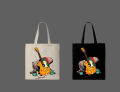 Acoustic Guitar & Campfire Graphic Printed Tote Bag– Eco-Friendly Cotton Shoulder Shopping Bag-White, Black. 