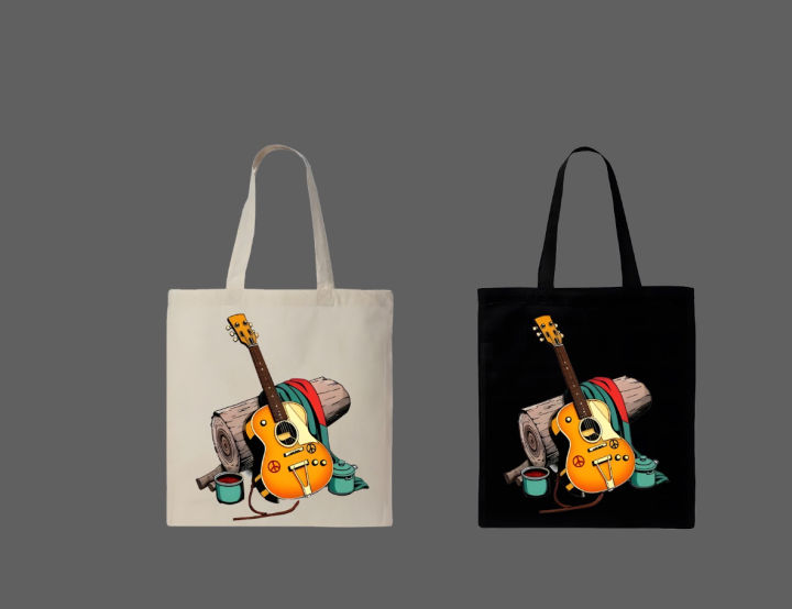 Acoustic Guitar & Campfire Graphic Printed Tote Bag– Eco-Friendly Cotton Shoulder Shopping Bag-White, Black