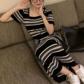 Sweet Square Neck Stripe Long Dress Slim Fit Beachwear Short Sleeve Dresses Simple Spicy Girl Stripe Knitted Dress Summer. 