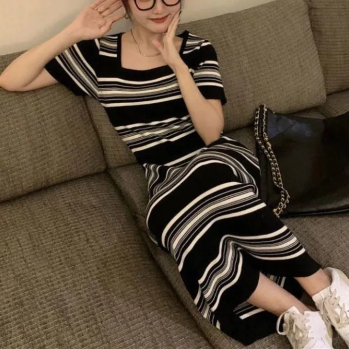 Sweet%20Square%20Neck%20Stripe%20Long%20Dress%20Slim%20Fit%20Beachwear%20Short%20Sleeve%20Dresses%20Simple%20Spicy%20Girl%20Stripe%20Knitted%20Dress%20Summer%20-%20Image%205