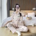 Printed 2Pcs Short Sleeve Pajama Set For Womens Summer Casual Silk Satin Button Sleepwear Ladies. 