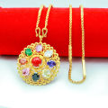 Gold Plated Spherical Chain And Circle Shaped Nawaratna Locket For Women. 